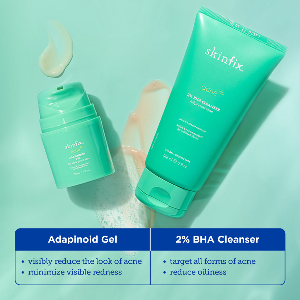 Image of two green bottles (Skinfix Adapinoid Gel and Skinfix 2% BHA Cleanser) with product texture behind each product showing the serum and the cleanser.