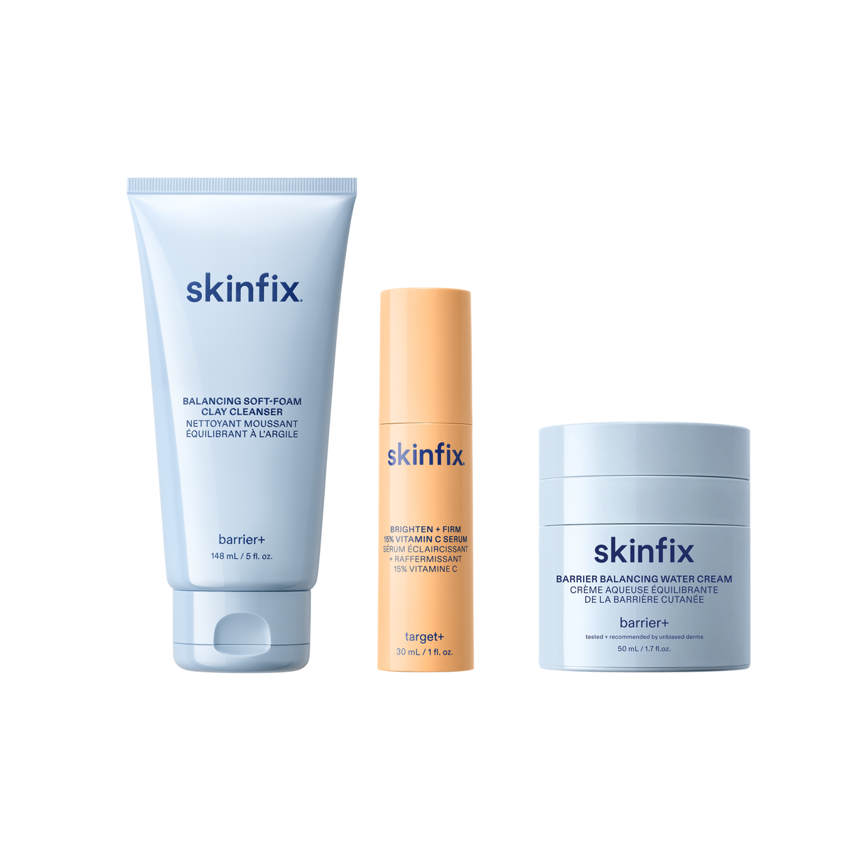 Skinfix Balancing Soft-Foam Clay Cleanser (148 mL | 5 fl.oz.), Brighten + Firm 15% Vitamin C Serum (30 mL | 1 fl. oz.), and Barrier Balancing Water Cream (50 mL | 1.7oz), on a transparent background.