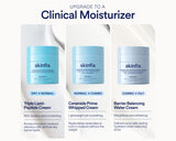 A promotional graphic for skinfix clinical moisturizers, featuring three product jars side by side against a white background with text labels for Triple Lipid-Peptide Cream, Ceramide Prime Whipped Cream, and Barrier Balancing Water Cream under the heading 'Upgrade to a Clinical Moisturizer'.