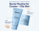 Skinfix Barrier Routine for oily skin, featuring a light blue clay cleanser tube and matching cream jar with text callouts for Step 01 and Step 02 on a pale blue background.