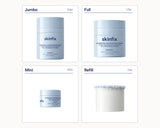 Four product cards showing skinfix barrier balancing water cream in different sizes: Jumbo, Full, Mini, and Refill. The containers are light blue and white, with the brand name 'skinfix' clearly visible on each jar.