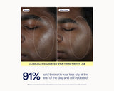 Before-and-after skin comparison showing a person's face with oily, shiny skin labeled 'Before' and smoother, less oily skin labeled 'After 1 week'. Text below states 'CLINICALLY VALIDATED BY A THIRD-PARTY LAB' and '91% said their skin was less oily at the end of the day, and still hydrated'.