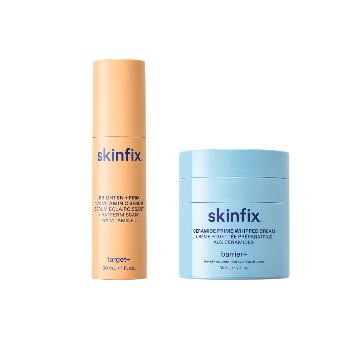 Skinfix Brighten + Firm 15% Vitamin C Serum and Ceramide Prime Whipped Cream packshots.