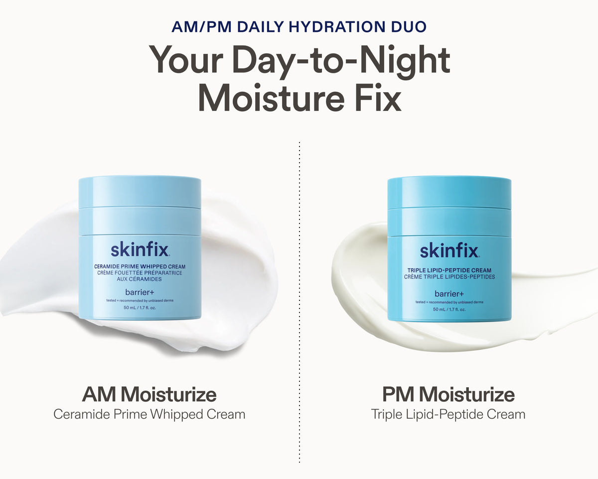 AM/PM Daily Hydration Duo infographic pairing Ceramide Prime Whipped Cream (AM) and Triple Lipid-Peptide Cream (PM).