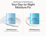 AM/PM Daily Hydration Duo infographic pairing Ceramide Prime Whipped Cream (AM) and Triple Lipid-Peptide Cream (PM).