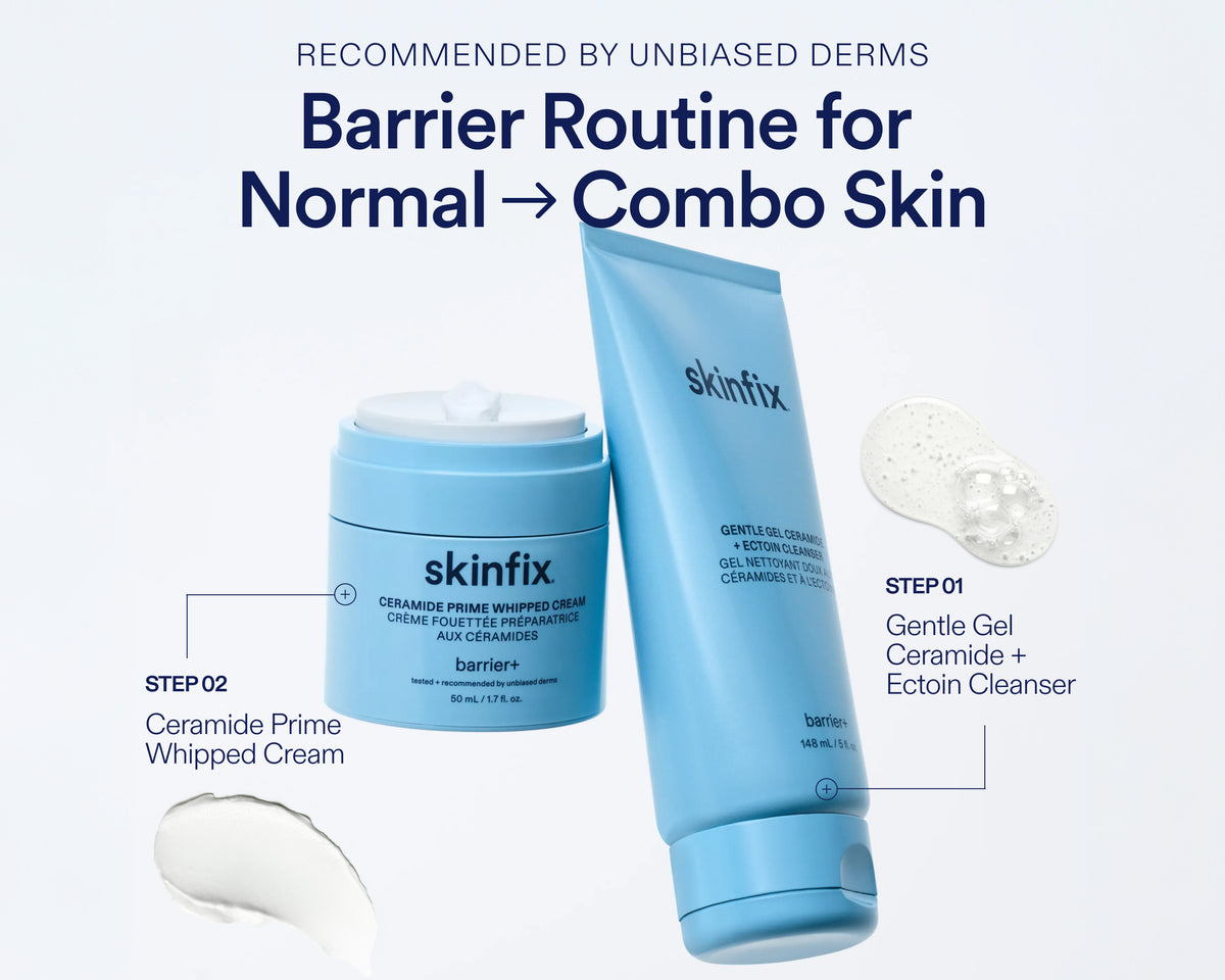 A skincare product bundle on a light gray background featuring a light blue skinfix jar and matching tube, with text callouts describing a barrier routine for normal to combo skin and step-by-step usage.