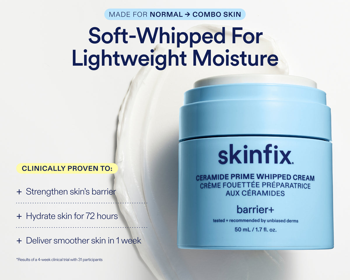 A light blue jar of skinfix Ceramide Prime Whipped Cream on a white background with promotional text highlighting lightweight moisture and barrier support.