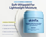 A light blue jar of skinfix Ceramide Prime Whipped Cream on a white background with promotional text highlighting lightweight moisture and barrier support.