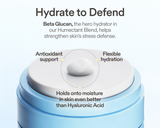 Skinfix Ceramide Prime Whipped Cream jar with a cream dollop on the lid, alongside text reading: Hydrate to Defend — Beta Glucan, the hero hydrator in our Humectant Blend, helps strengthen skin's stress defense. Benefits callouts: Antioxidant support; Flexible hydration; Holds onto moisture in skin even better than Hyaluronic Acid.