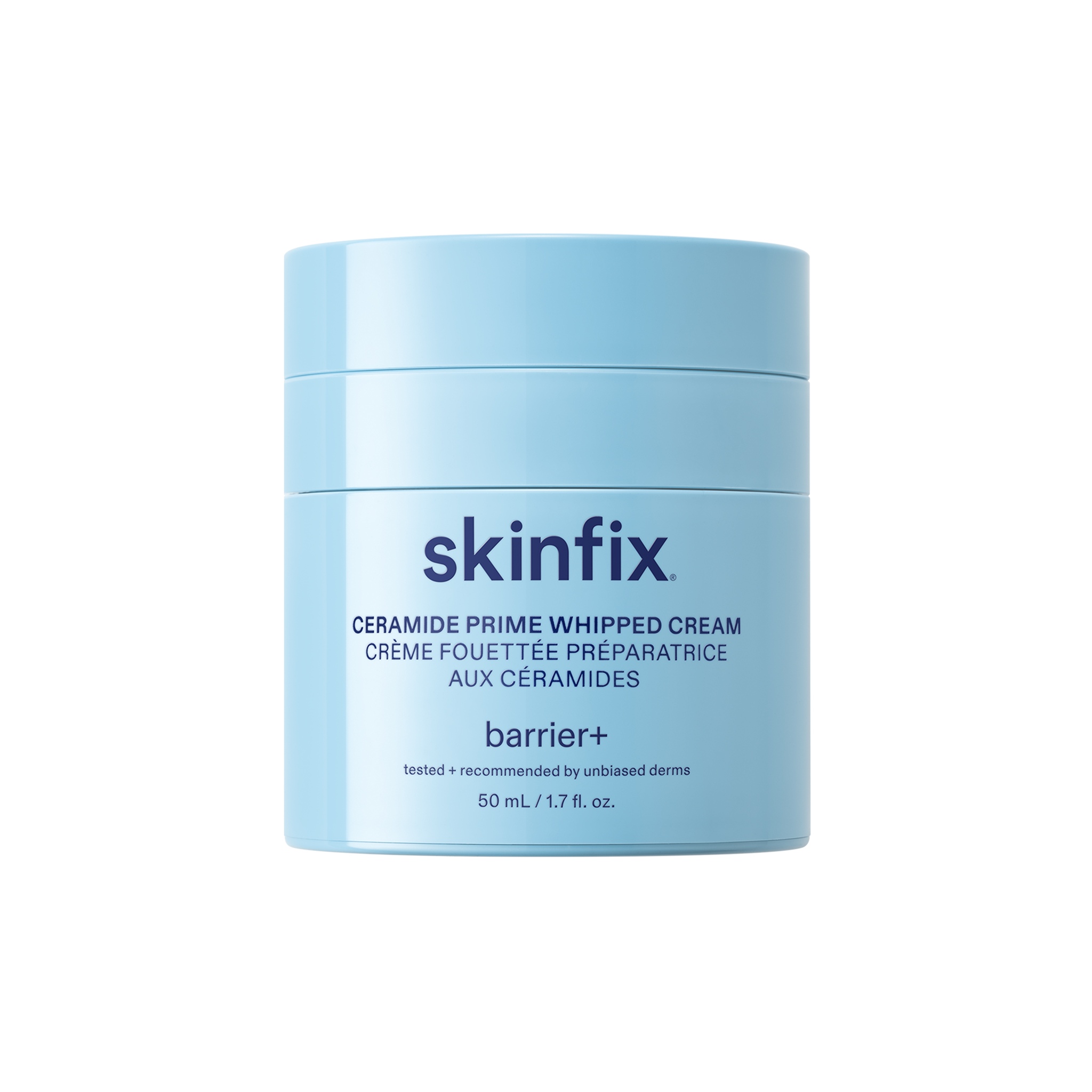 Skinfix Ceramide Prime Whipped Cream — light blue cylindrical jar with navy text, 50 mL, on a transparent background.