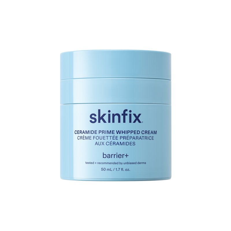 Skinfix Ceramide Prime Whipped Cream — light blue cylindrical jar with navy text, 50 mL, on a transparent background.
