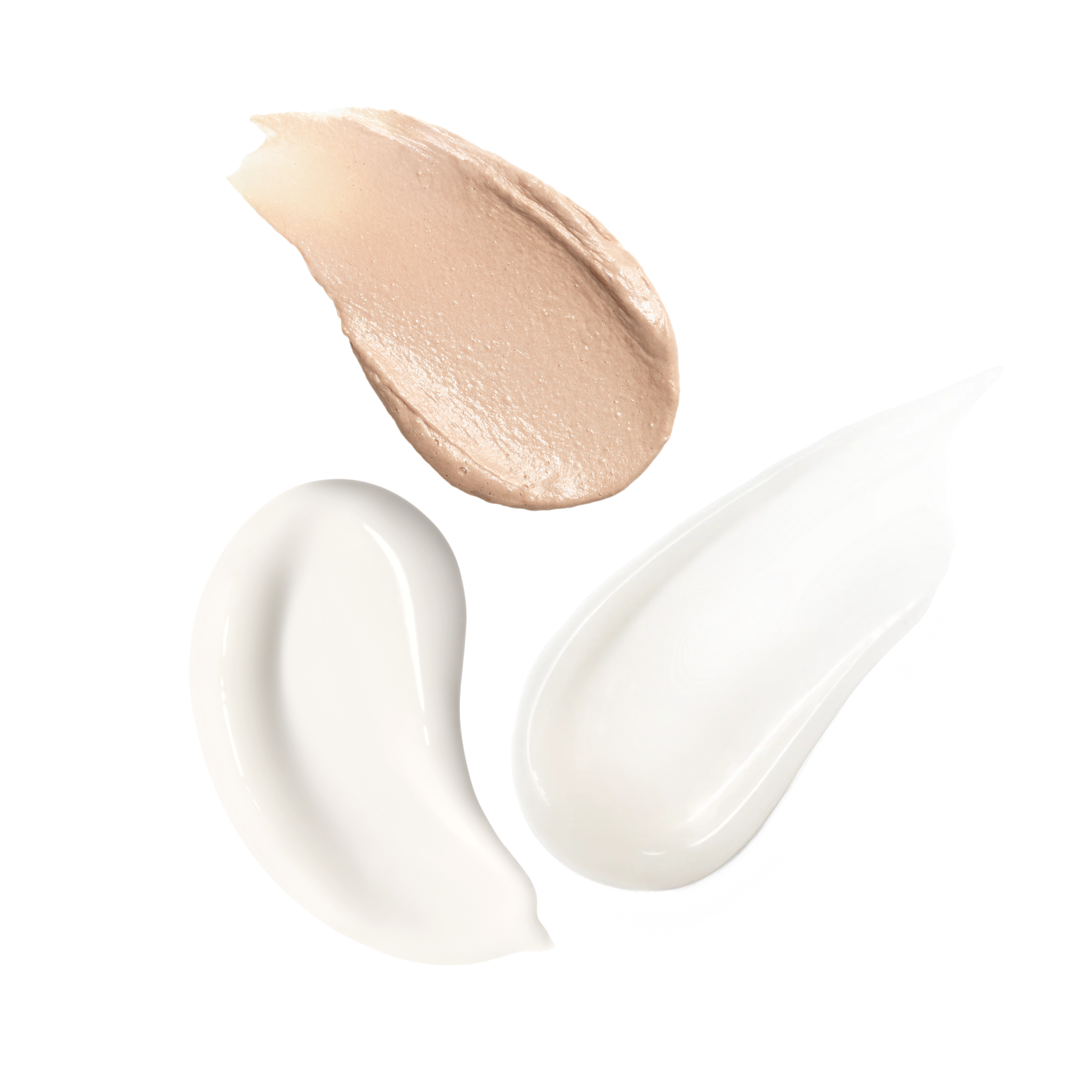 Texture swatches of the Skinfix Balancing Soft-Foam Clay Cleanser (a smooth, beige clay), Brighten + Firm 15% Vitamin C Serum (a thick, white cream), and Barrier Balancing Water Cream (a lightweight, white cream), on a transparent background.