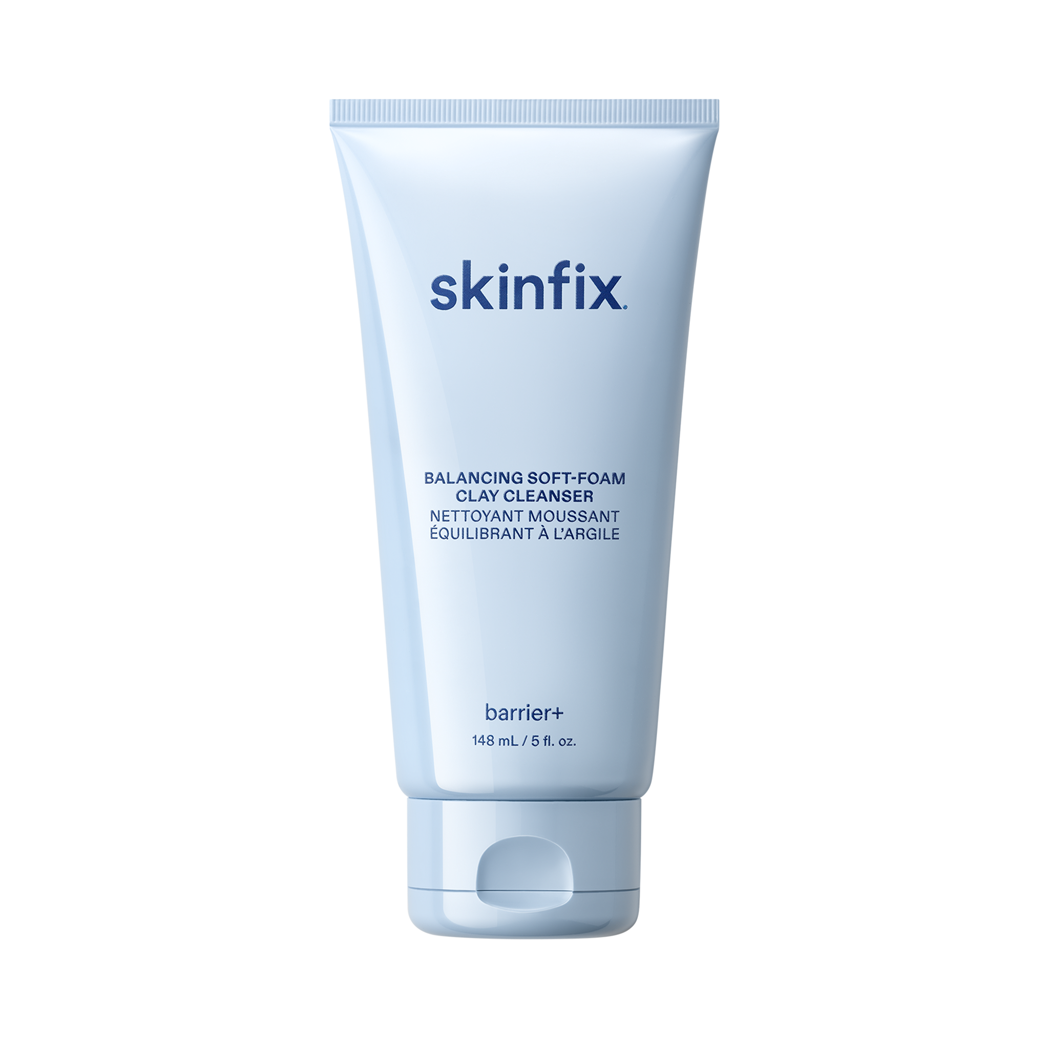 Skinfix Balancing Soft-Foam Clay Cleanser tube, 148 mL, in light blue packaging with navy text, on a transparent background.