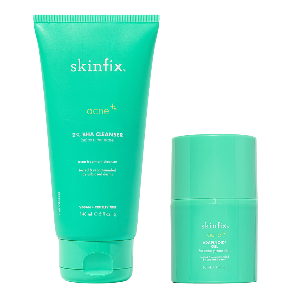 This is an image showing an acne 2% BHA cleanser and acne Adapinoid gel from Skinfix.