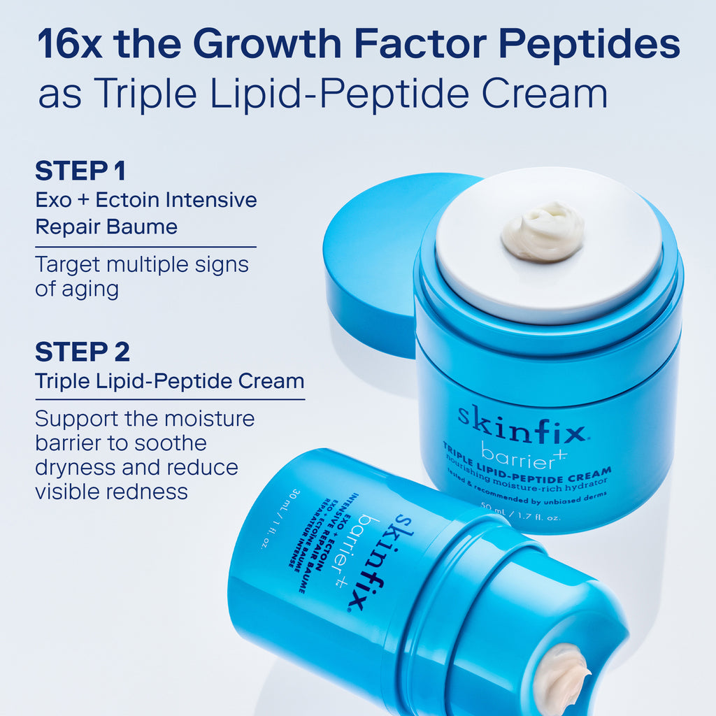 Image of 2 blue bottles with texture swatches on top. Skinfix Triple Lipid-Peptide Cream and Exo + Ectoin Intensive Repair Baume.