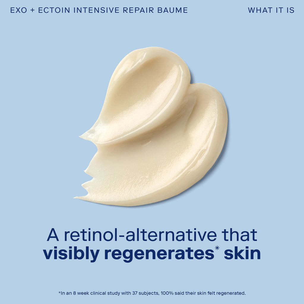 Image shows cream colored texture swatch of Skinfix Exo + Ectoin Intensive Repair Baume on blue background with text that states "A retinol-alternative that visible regnerates* skin". Results based off 8 week clinical study with 37 subjects, 100% said their skin felt regenerated.