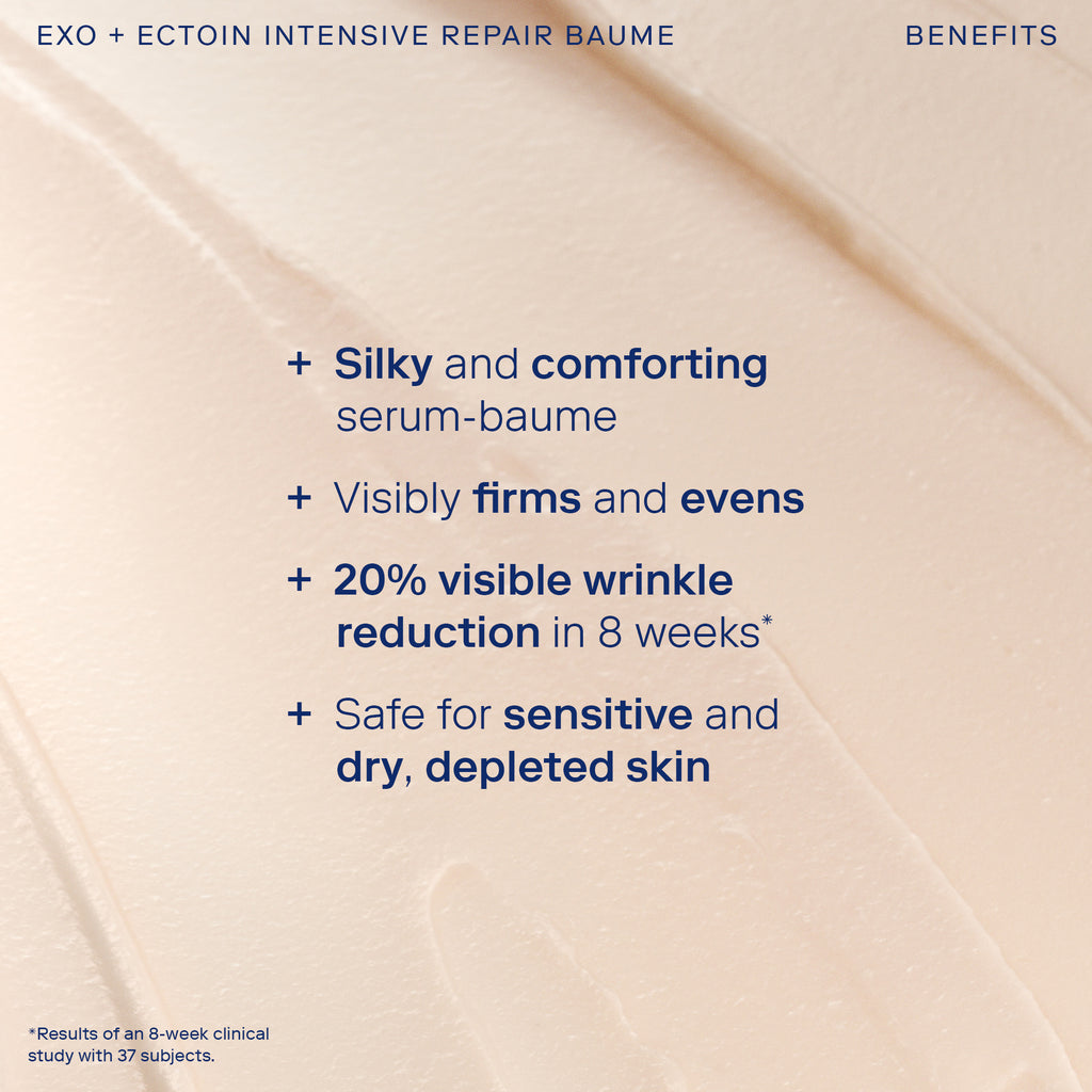 Image with blue text on cream colored texture background. Blue text states "Silky and comforting serum-baume. Visibly firms and evens. 20% visible wrinkle reduction in 8 weeks - results of an 8-week clinical study with 37 subjects. Safe for sensitive and dry, depleted skin."