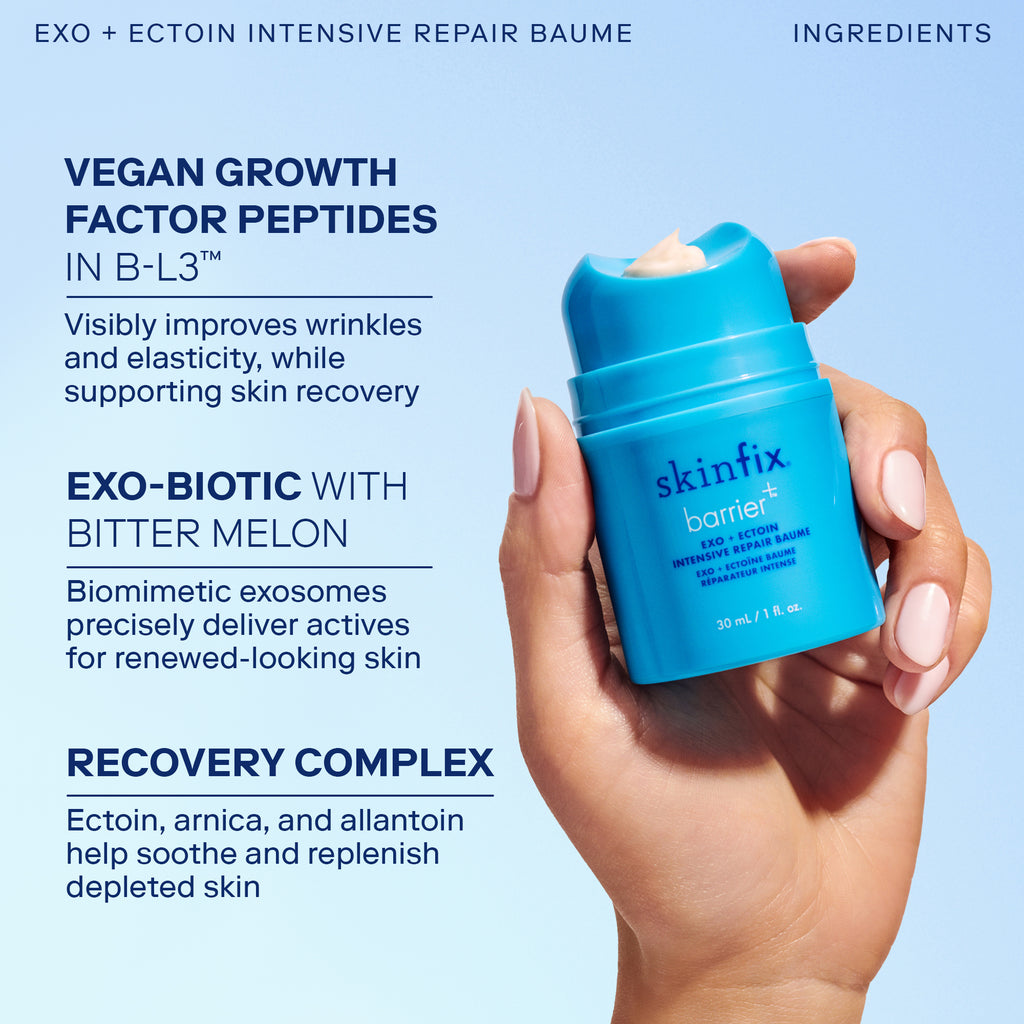 Image of hand holding blue bottle Skinfix Exo + Ectoin Intensive Repair Baume. Vegan growth factor peptides in B-L3, Exo-biotic with bitter melon and recovery complex.