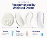 An AM/PM routine skincare infographic recommending products from Unbiased Derms. The graphic features four white cream swatches labeled as steps 01 to 04, with corresponding product images and names for Cleanse, Target, and Moisturize shown along the bottom on a white background.