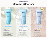 Upgrade to a Clinical Cleanser" comparison graphic featuring three Skinfix barrier+ cleansers in light blue tubes: Hydrating Foaming Oil Cleanser (Dry to Normal), Gentle Gel Ceramide + Ectoin Cleanser (Normal to Combo), and Balancing Soft-Foam Clay Cleanser (Combo to Oily, marked New), with key texture and benefit callouts for each.