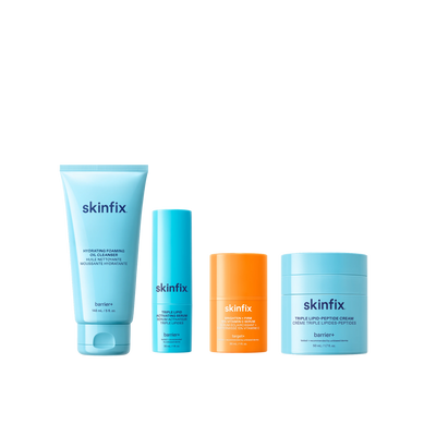 Four Skinfix products: Hydrating Foaming Oil Cleanser, Triple Lipid Activating Serum, Brighten + Firm 15% Vitamin C Serum, and Triple Lipid-Peptide Cream.