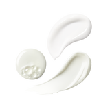 Close-up of three white skincare product textures shown as swatches.