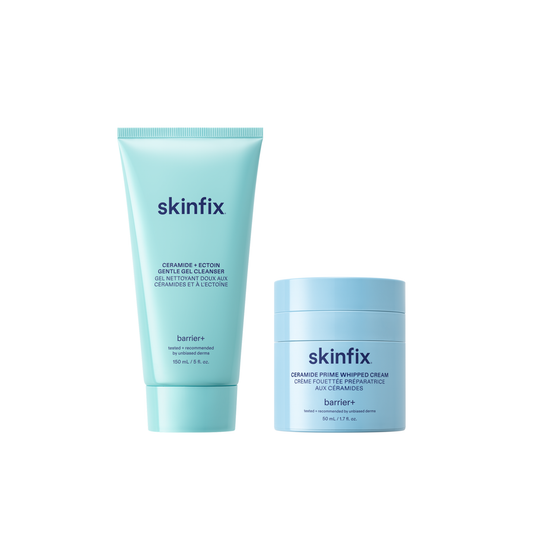 Skinfix Ceramide + Ectoin Gentle Gel Cleanser (150 mL) in mint green, Triple Lipid Activating Serum (30 mL) in teal, and Ceramide Prime Whipped Cream (50 mL) in light blue, on a transparent background.