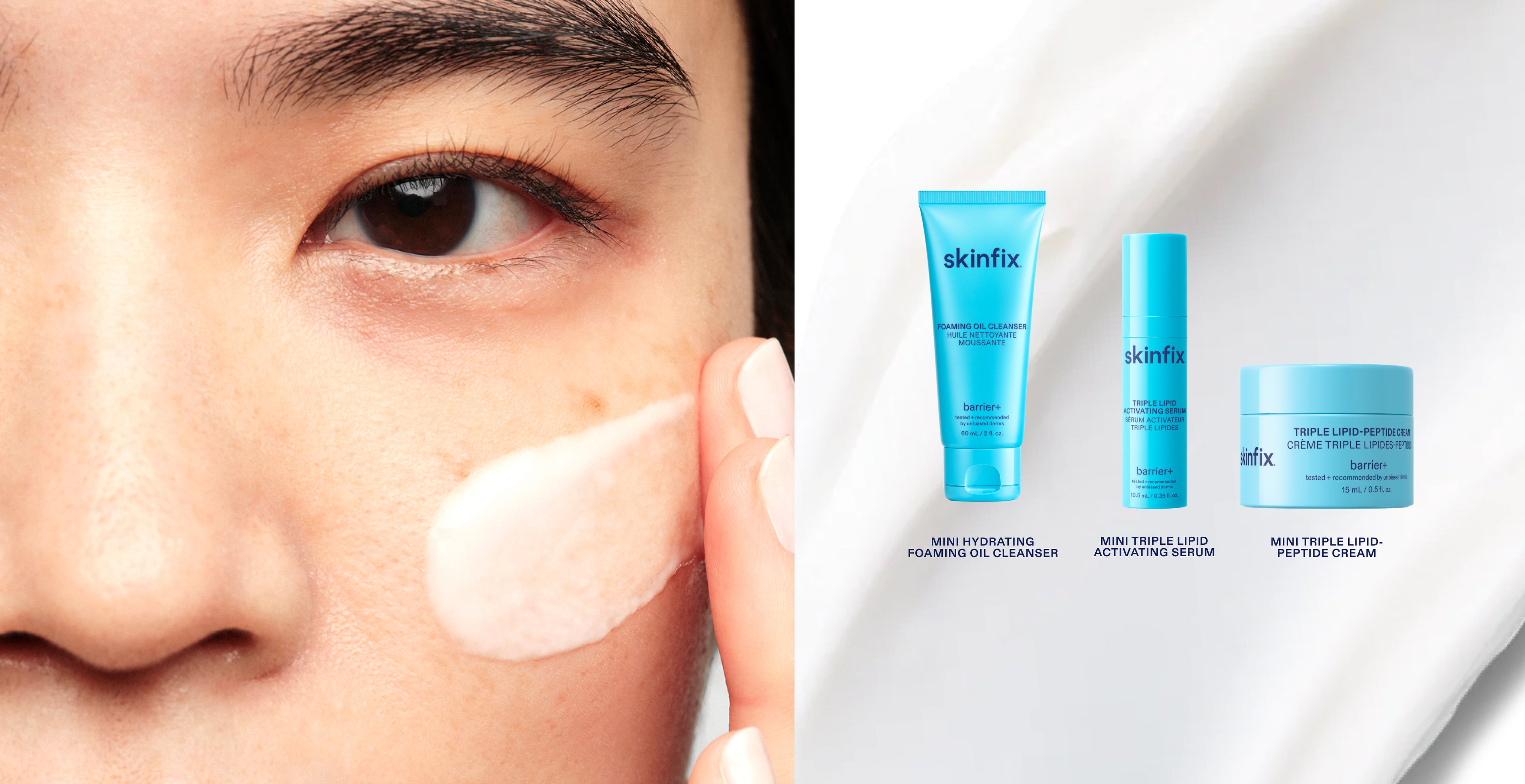 Close-up of a person applying a white cream to their cheek, next to three skincare products from skinfix: a foaming cleanser, an activating serum, and a lip peptide cream, all in bright blue packaging against a white background.