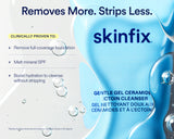 A skincare graphic for skinfix Gentle Gel Ceramide Atoin Cleanser. The left side is white with dark blue text detailing clinical proven benefits, while the right side features a glossy, flowing light blue liquid texture with water droplets and the brand name 'skinfix' in dark blue.