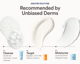 Three-step AM/PM skincare routine graphic recommended by Unbiased Derms, featuring product texture swatches above each step: 01 Cleanse — Gentle Gel Ceramide + Ectoin Cleanser; 02 Target — Brighten + Firm 15% Vitamin C Serum; 03 Moisturize — Ceramide Prime Whipped Cream.