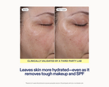 Before and after image results with text "CLINICALLY VALIDATED BY A THIRD PART LAB Leaves skin more hydrated–even as it removes tough makeup and SPF".