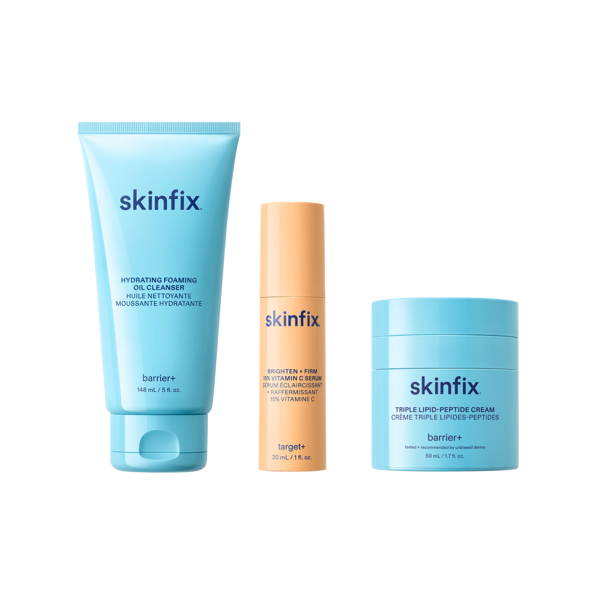 Skinfix Foaming Oil Cleanser, Brighten + Firm 15% Vitamin C Serum, and Triple Lipid-Peptide Cream shown side by side.