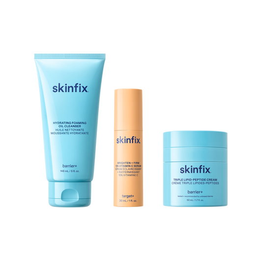 Skinfix Foaming Oil Cleanser, Brighten + Firm 15% Vitamin C Serum, and Triple Lipid-Peptide Cream shown side by side.