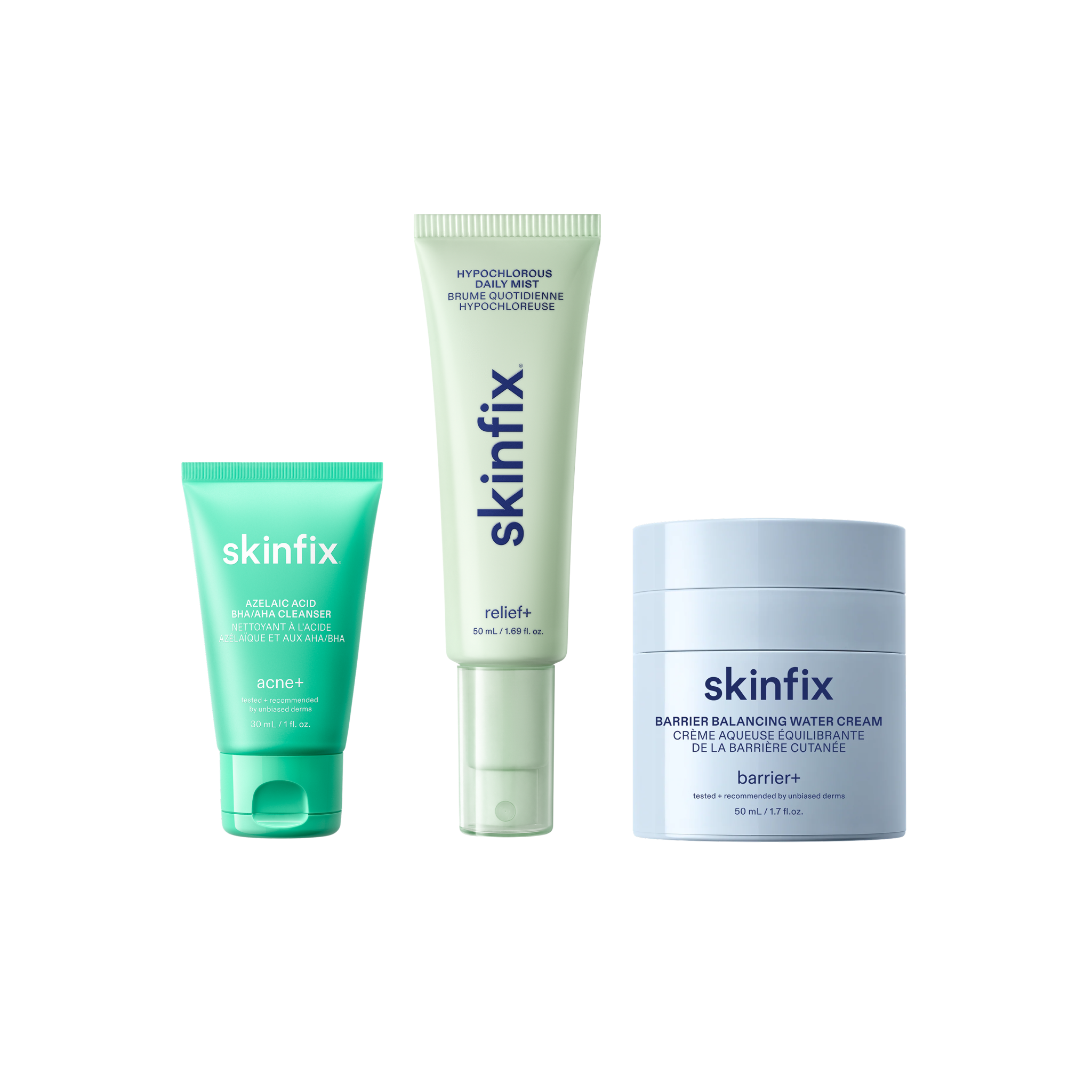 Skinfix 2% BHA Cleanser Mini, Hypochlorous Daily Mist, and Barrier Balancing Water Cream on transparent background.