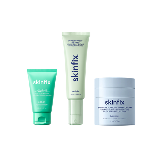 Skinfix 2% BHA Cleanser Mini, Hypochlorous Daily Mist, and Barrier Balancing Water Cream on transparent background.