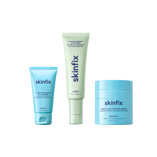 Skinfix Hydrating Foaming Oil Cleanser Mini, Hypochlorous Daily Mist, and Triple Lipid-Peptide Cream on transparent background.