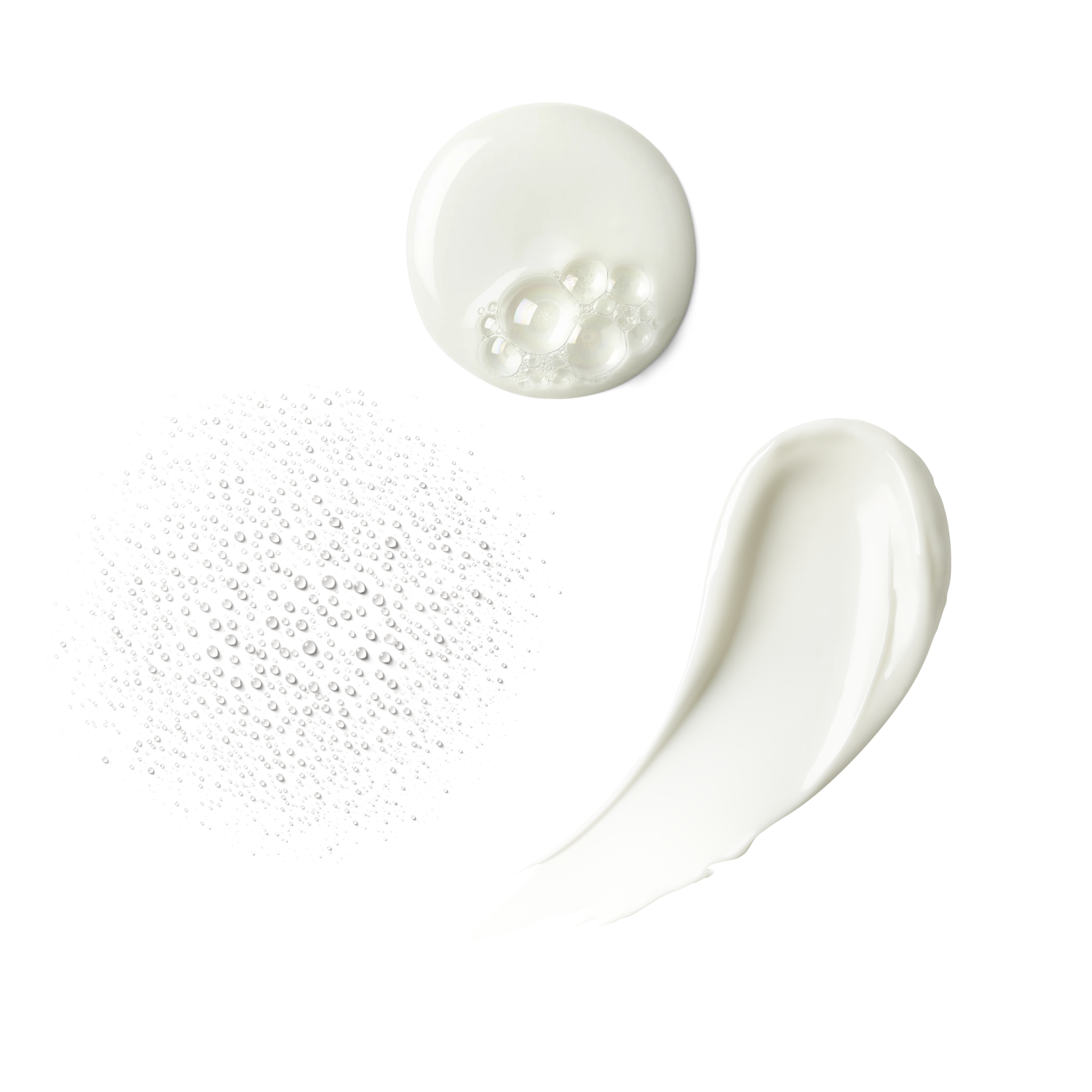 Three skincare textures on transparent background: foaming cleanser, misted droplets, and rich white cream.