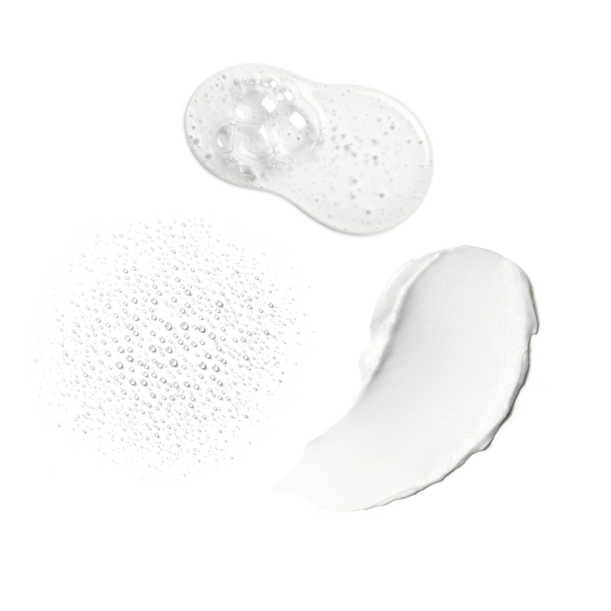 Three skincare textures on light blue background: gel cleanser, misted droplets, and midweight white cream.
