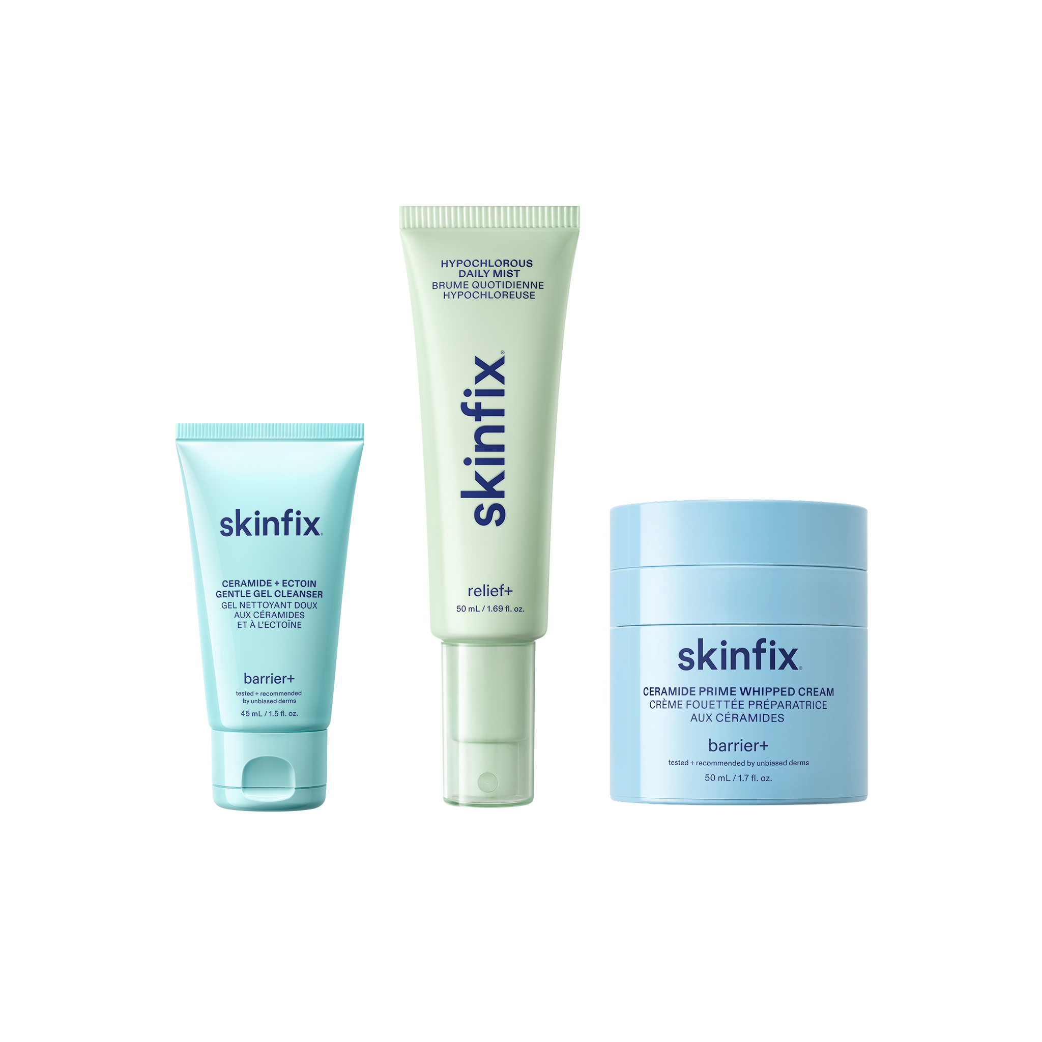 Skinfix Gentle Gel Cleanser Mini, Hypochlorous Daily Mist, and Ceramide Prime Whipped Cream on transparent background.