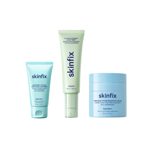 Skinfix Gentle Gel Cleanser Mini, Hypochlorous Daily Mist, and Ceramide Prime Whipped Cream on transparent background.