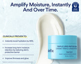 Skinfix Triple Lipid-Peptide Cream jar in light blue packaging next to a thick white cream smear, with marketing text and a blue Acceptance Excellence Award badge on a pale icy blue background.
