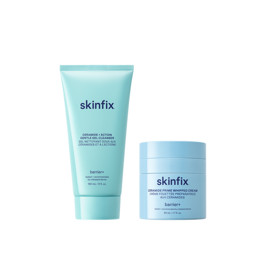 Skinfix Ceramide + Ectoin Gentle Gel Cleanser (150 mL) and Ceramide Prime Whipped Cream (50 mL), both in light blue packaging with navy text, on a transparent background.