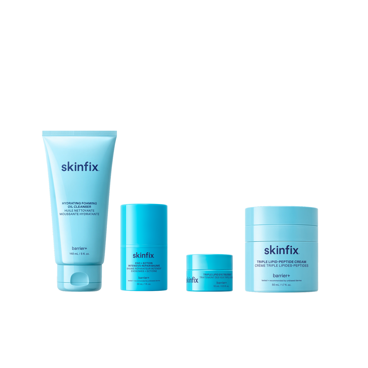 Four Skinfix skincare products in a row: Hydrating Foaming Oil Cleanser, Exo + Ectoin Intensive Repair Baume, Triple Lipid Eye Treatment and Triple Lipid-Peptide Cream on transparent background.
