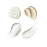 Four swatches of skincare: Hydrating Foaming Oil Cleanser, Exo + Ectoin Intensive Repair Baume, Triple Lipid Eye Treatment and Triple Lipid-Peptide Cream  showing product's texture on transparent background.