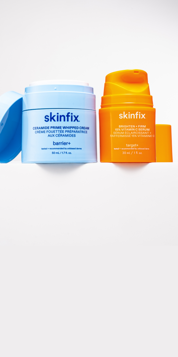 Skinfix Ceramide Prime Whipped Cream in light blue packaging with the lid open, and Brighten + Firm 15% Vitamin C Serum in orange packaging, on a white shelf.