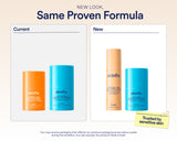 Side-by-side graphic showing current and new Skinfix packaging for Brighten + Firm Vitamin C Serum and Exo + Ectoin Intensive Repair Baume, labeled “New Look, Same Clinical Formula.”