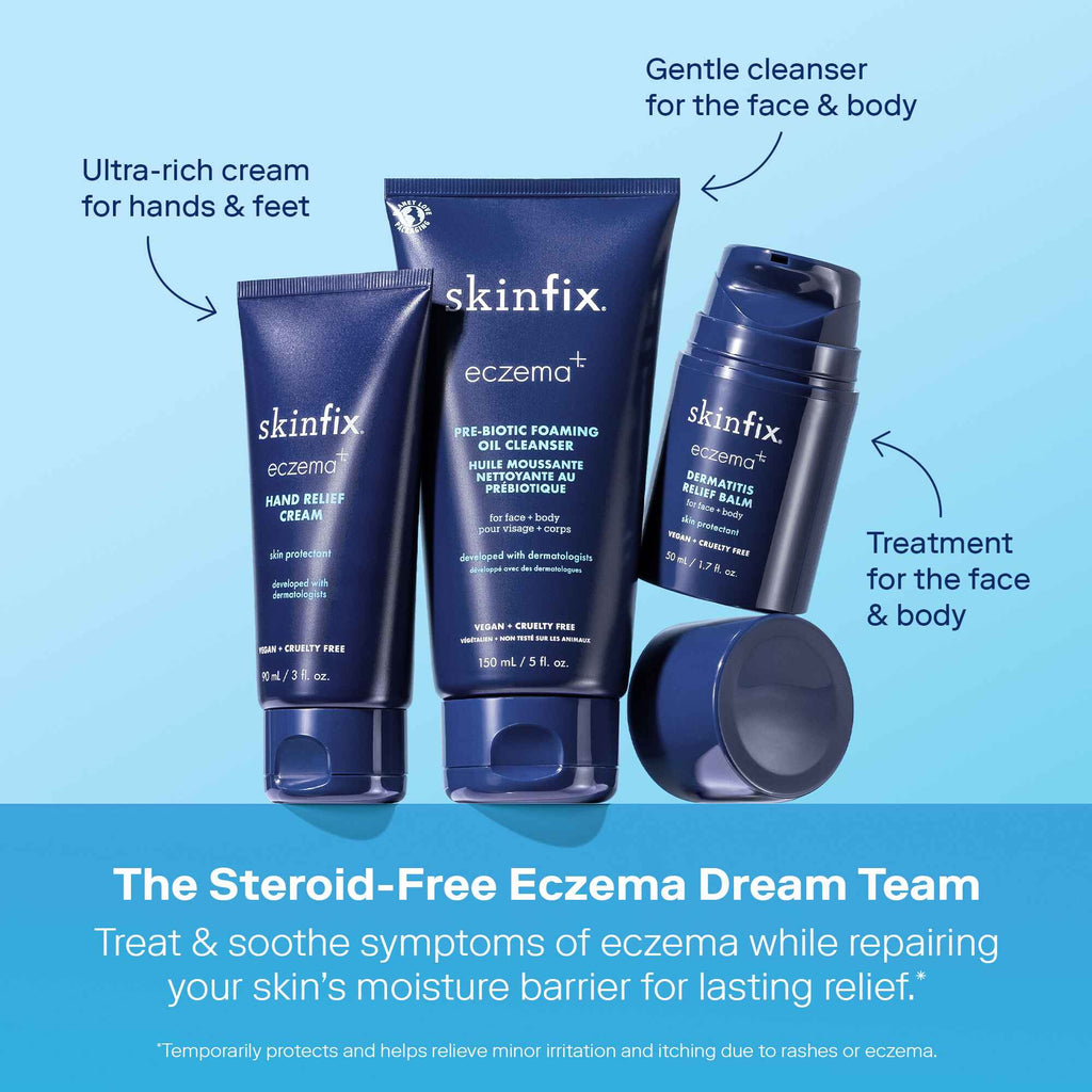 Skinfix Eczema Collection image featuring Hand Relief Cream, Pre-Biotic Foaming Oil Cleanser and Dermatitis Relief Balm.