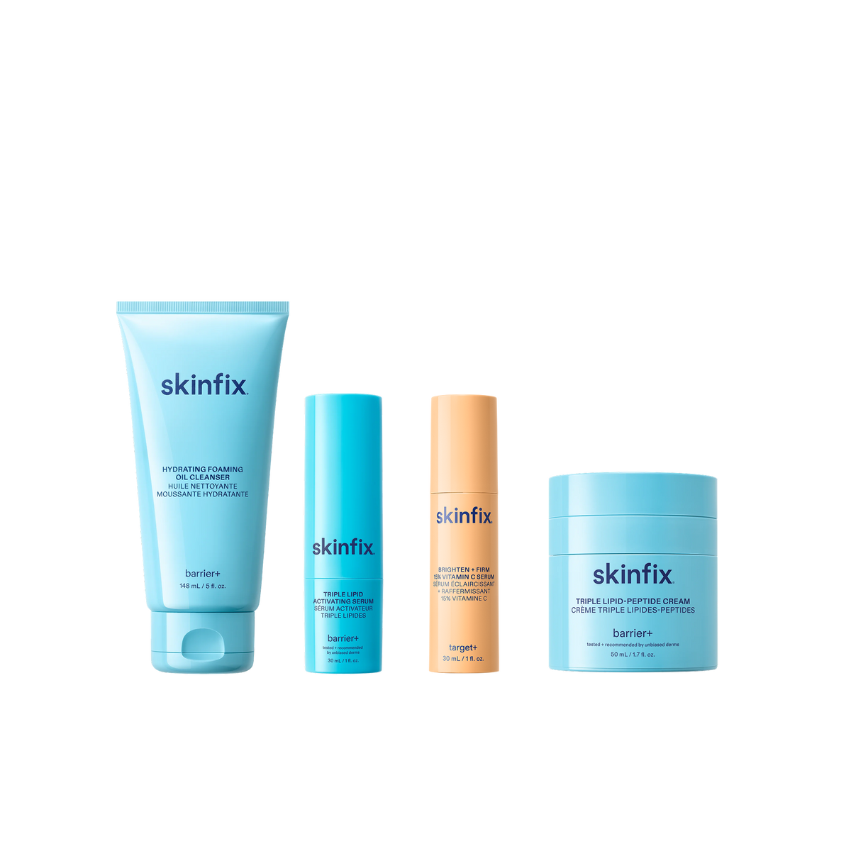 Four Skinfix products: Hydrating Foaming Oil Cleanser, Triple Lipid Activating Serum, Brighten + Firm 15% Vitamin C Serum, and Triple Lipid-Peptide Cream.