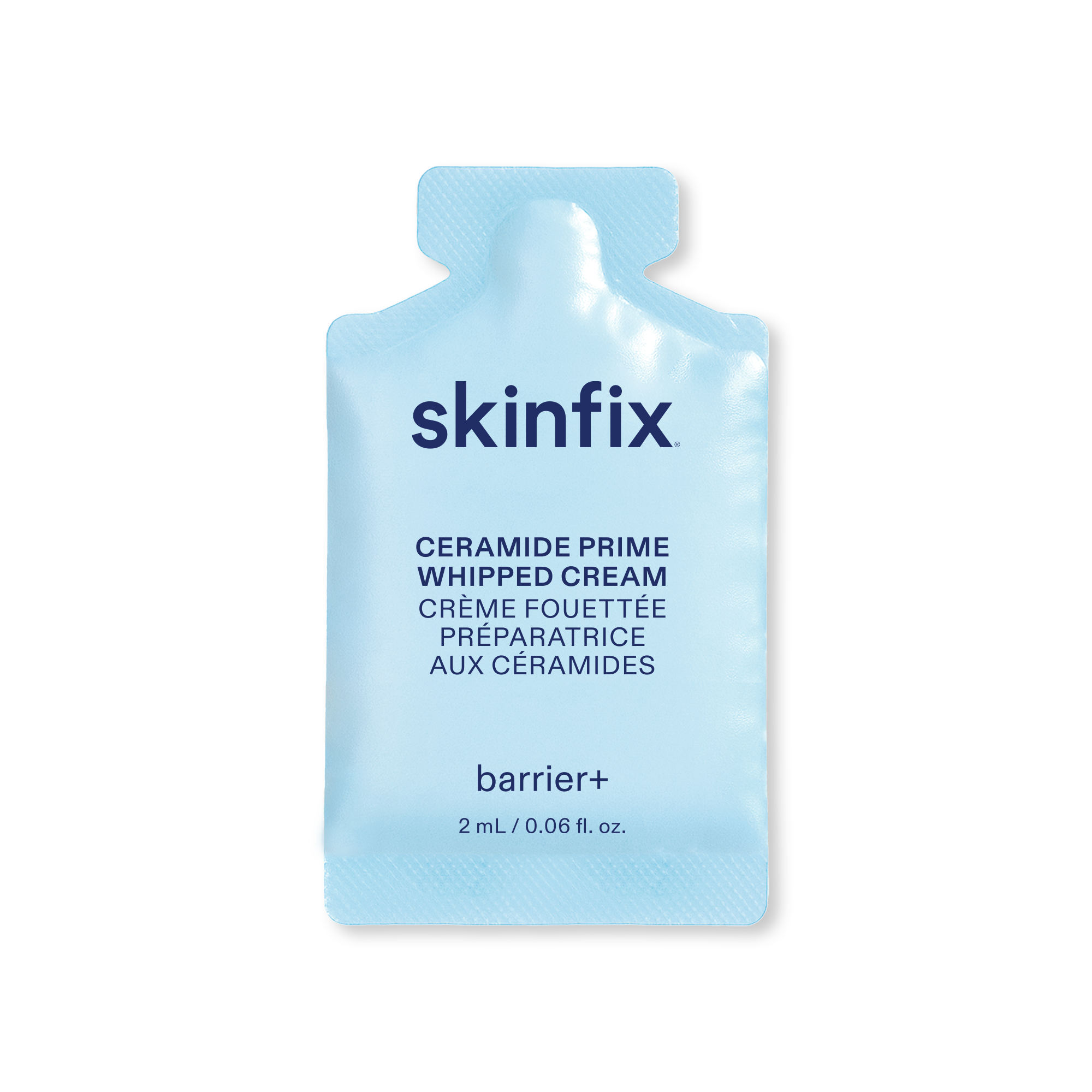 Skinfix Ceramide Prime Whipped Cream single-use sample sachet, 2 mL, in light blue with navy text, on a transparent background.