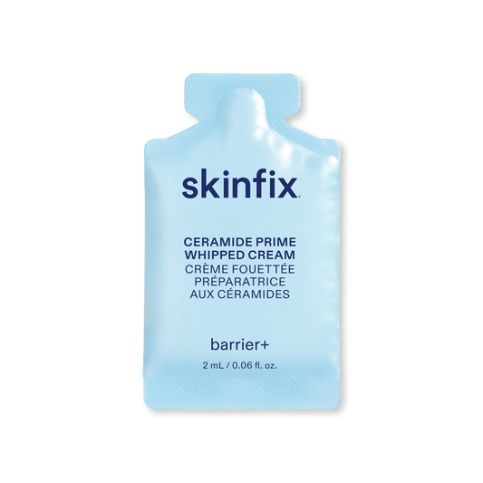 Skinfix Ceramide Prime Whipped Cream single-use sample sachet, 2 mL, in light blue with navy text, on a transparent background.